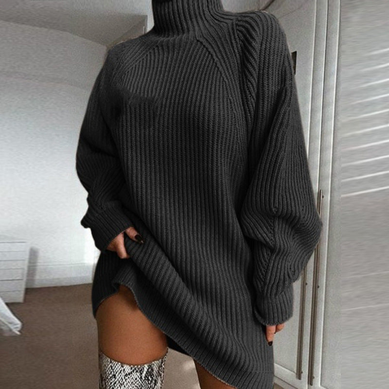 Oversized ribbed knit turtleneck sweater dress in dark grey
