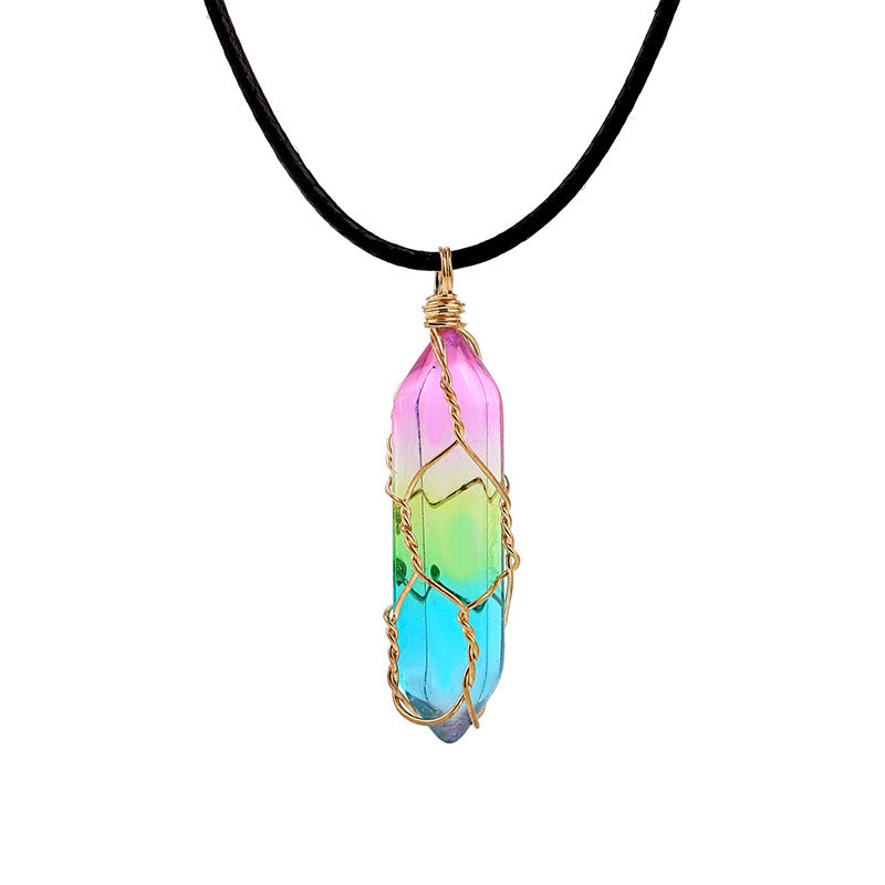 Rainbow wire-wrapped crystal pendant necklace