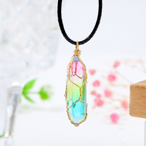 Rainbow wire-wrapped crystal pendant necklace