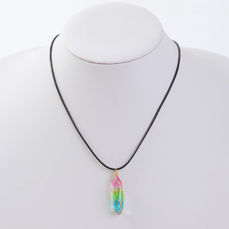 Rainbow wire-wrapped crystal pendant necklace