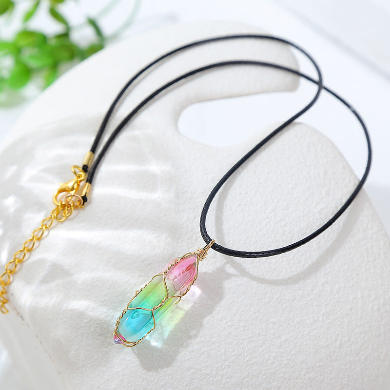 Rainbow wire-wrapped crystal pendant necklace