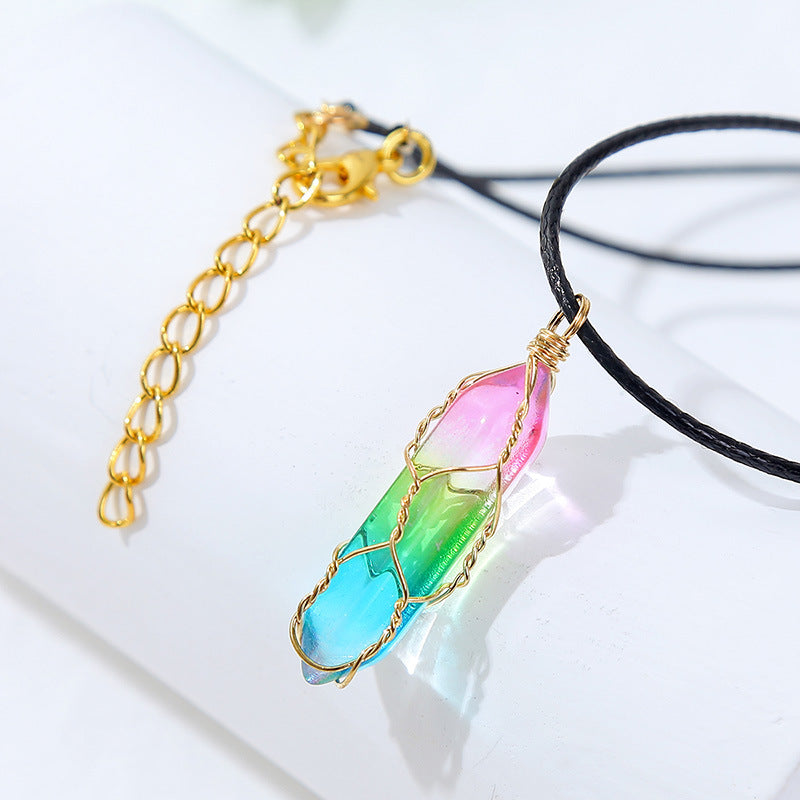 Rainbow wire-wrapped crystal pendant necklace