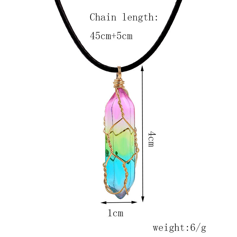 Rainbow wire-wrapped crystal pendant necklace
