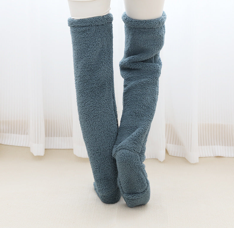 Over-the-knee fuzzy long socks worn front view