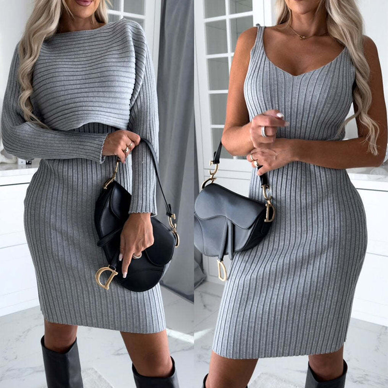 Ribbed knit two-piece sweater skirt set