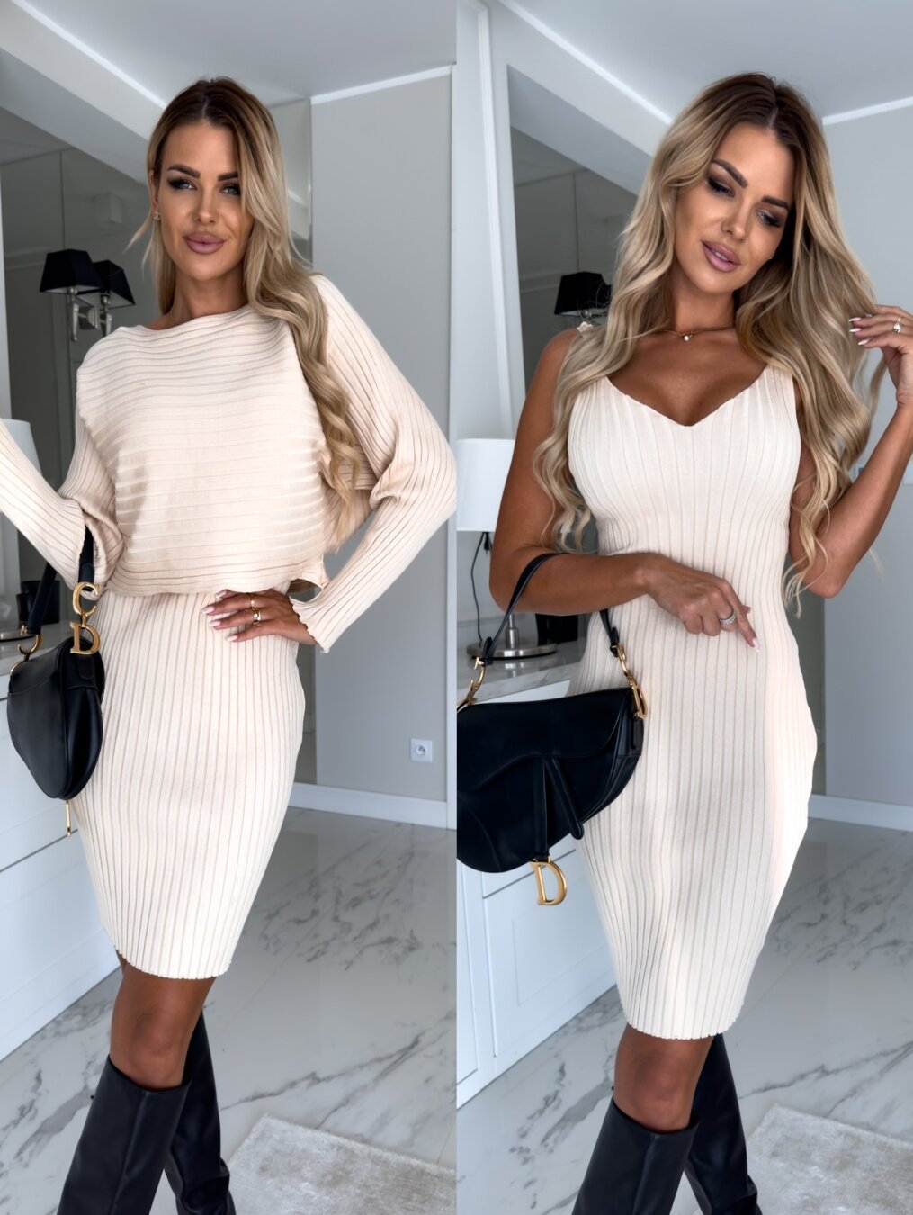 Ribbed knit two-piece sweater skirt set